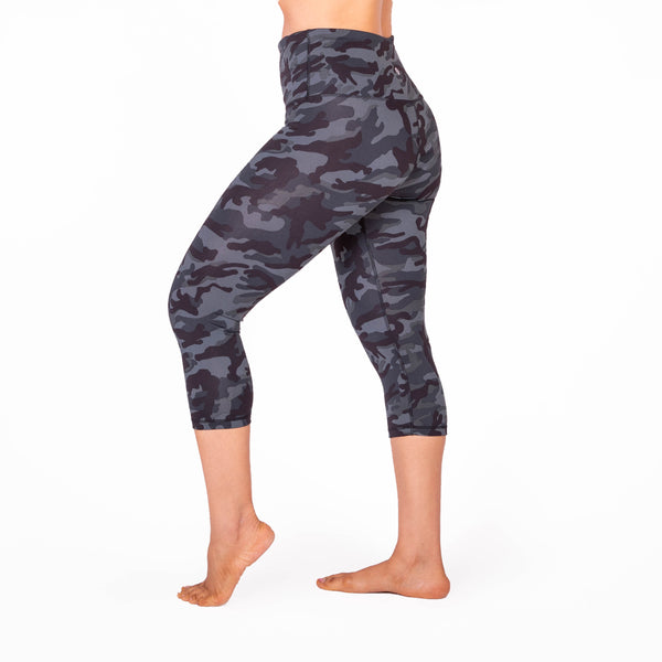 High Waist Black Camo Print Compression Capri Leggings TEMA