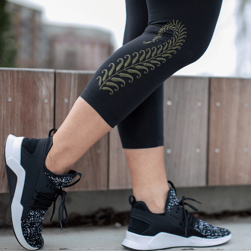 Final Sale High Waist Tummy Tuck Fern Embroidered Yoga Capri Leggings TEMA Athletics