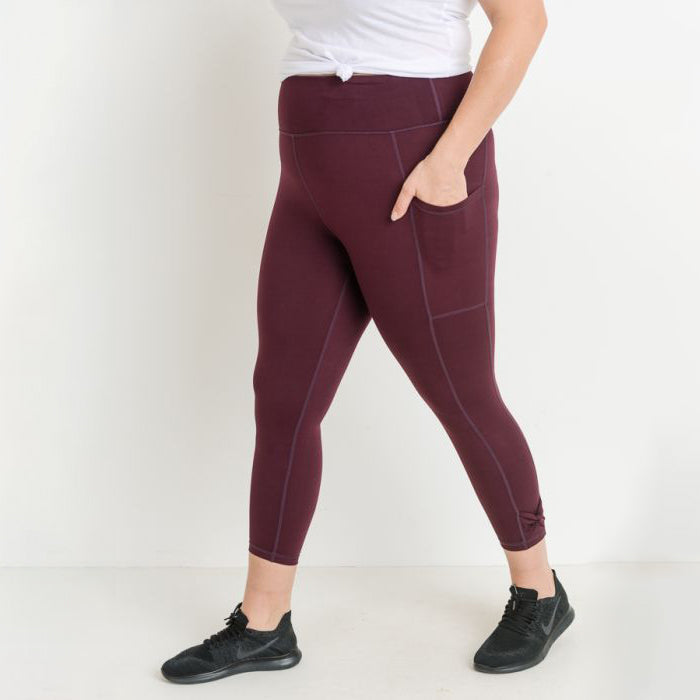 TEMA Athletics Plus Size Burgundy Bow Accent Side Pockets Leggings
