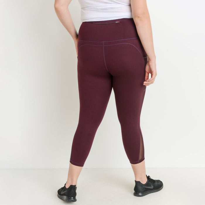 Plus Size Burgundy High Waist Splice Mesh Pocket Leggings