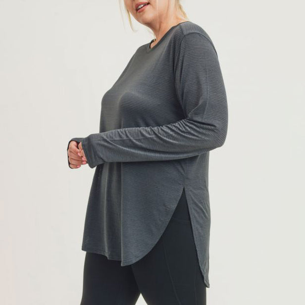 Plus Ribbed Mesh Long Sleeve Flow Top - Grey